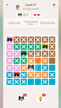Meowdoku Level 37 step 5 screenshot showing the cat placement at D5 with 5 of 7 cats visible on the board.