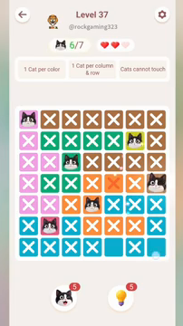 Meowdoku Level 37 step 6 screenshot showing the cat placement at G4 with 6 of 7 cats visible on the board.
