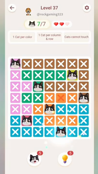 Meowdoku Level 37 step 7 screenshot showing the cat placement at E7 with 7 of 7 cats visible on the board.