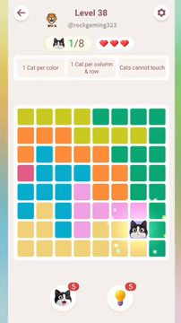 Meowdoku Level 38 step 1 screenshot showing the cat placement at G7 with 1 of 8 cats visible on the board.