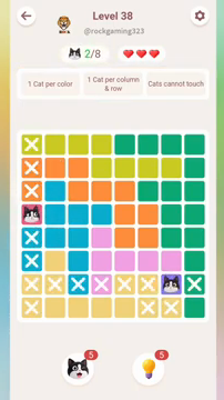Meowdoku Level 38 step 2 screenshot showing the cat placement at A4 with 2 of 8 cats visible on the board.