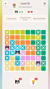 Meowdoku Level 38 step 3 screenshot showing the cat placement at C5 with 3 of 8 cats visible on the board.