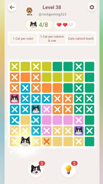 Meowdoku Level 38 step 4 screenshot showing the cat placement at B8 with 4 of 8 cats visible on the board.