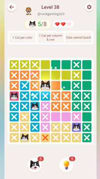 Meowdoku Level 38 step 5 screenshot showing the cat placement at D3 with 5 of 8 cats visible on the board.