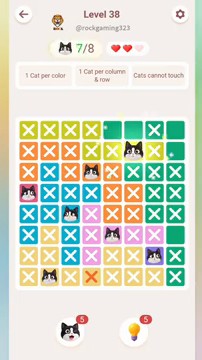 Meowdoku Level 38 step 7 screenshot showing the cat placement at F2 with 7 of 8 cats visible on the board.