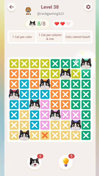 Meowdoku Level 38 step 8 screenshot showing the cat placement at H1 with 8 of 8 cats visible on the board.