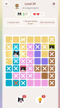 Meowdoku Level 39 step 3 screenshot showing the cat placement at B3 with 3 of 7 cats visible on the board.