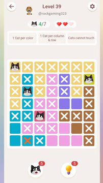 Meowdoku Level 39 step 4 screenshot showing the cat placement at A1 with 4 of 7 cats visible on the board.