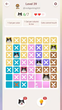 Meowdoku Level 39 step 6 screenshot showing the cat placement at F6 with 6 of 7 cats visible on the board.