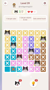 Meowdoku Level 39 step 7 screenshot showing the cat placement at D7 with 7 of 7 cats visible on the board.
