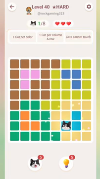 Meowdoku Level 40 step 1 screenshot showing the cat placement at F7 with 1 of 8 cats visible on the board.