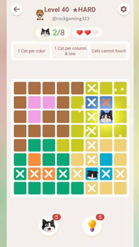 Meowdoku Level 40 step 2 screenshot showing the cat placement at G3 with 2 of 8 cats visible on the board.