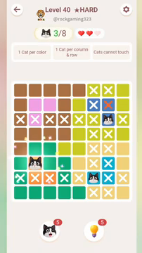 Meowdoku Level 40 step 3 screenshot showing the cat placement at B6 with 3 of 8 cats visible on the board.