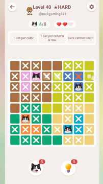Meowdoku Level 40 step 4 screenshot showing the cat placement at C2 with 4 of 8 cats visible on the board.