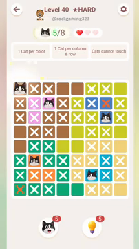 Meowdoku Level 40 step 5 screenshot showing the cat placement at A1 with 5 of 8 cats visible on the board.