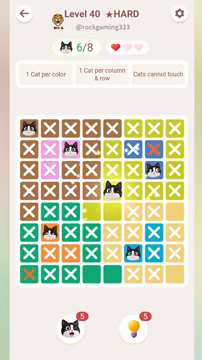 Meowdoku Level 40 step 6 screenshot showing the cat placement at E4 with 6 of 8 cats visible on the board.
