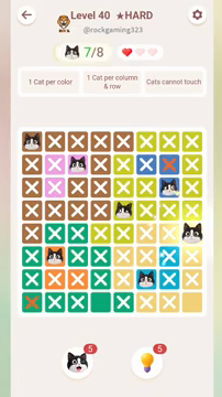 Meowdoku Level 40 step 7 screenshot showing the cat placement at H5 with 7 of 8 cats visible on the board.