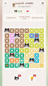 Meowdoku Level 40 step 8 screenshot showing the cat placement at D8 with 8 of 8 cats visible on the board.