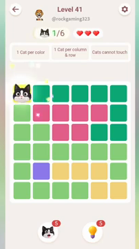 Meowdoku Level 41 step 1 screenshot showing the cat placement at A1 with 1 of 6 cats visible on the board.
