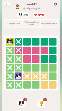 Meowdoku Level 41 step 2 screenshot showing the cat placement at B5 with 2 of 6 cats visible on the board.