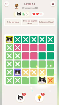 Meowdoku Level 41 step 3 screenshot showing the cat placement at E6 with 3 of 6 cats visible on the board.