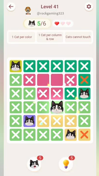 Meowdoku Level 41 step 5 screenshot showing the cat placement at D4 with 5 of 6 cats visible on the board.
