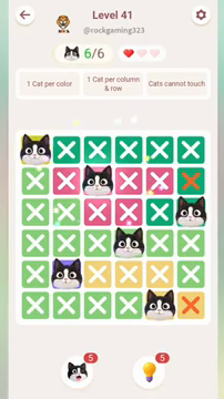 Meowdoku Level 41 step 6 screenshot showing the cat placement at C2 with 6 of 6 cats visible on the board.