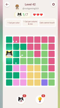 Meowdoku Level 42 step 1 screenshot showing the cat placement at A3 with 1 of 7 cats visible on the board.