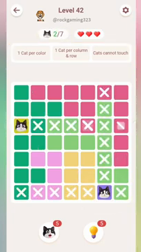 Meowdoku Level 42 step 2 screenshot showing the cat placement at F7 with 2 of 7 cats visible on the board.