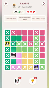 Meowdoku Level 42 step 3 screenshot showing the cat placement at B5 with 3 of 7 cats visible on the board.
