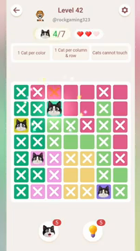 Meowdoku Level 42 step 4 screenshot showing the cat placement at C2 with 4 of 7 cats visible on the board.