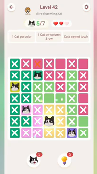 Meowdoku Level 42 step 5 screenshot showing the cat placement at D6 with 5 of 7 cats visible on the board.