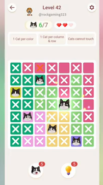 Meowdoku Level 42 step 6 screenshot showing the cat placement at E4 with 6 of 7 cats visible on the board.