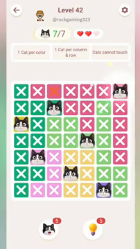 Meowdoku Level 42 step 7 screenshot showing the cat placement at G1 with 7 of 7 cats visible on the board.