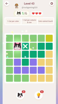 Meowdoku Level 43 step 1 screenshot showing the cat placement at B2 with 1 of 6 cats visible on the board.