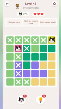 Meowdoku Level 43 step 2 screenshot showing the cat placement at F1 with 2 of 6 cats visible on the board.