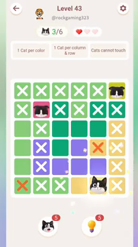Meowdoku Level 43 step 3 screenshot showing the cat placement at E6 with 3 of 6 cats visible on the board.