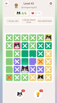 Meowdoku Level 43 step 4 screenshot showing the cat placement at C5 with 4 of 6 cats visible on the board.