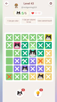 Meowdoku Level 43 step 5 screenshot showing the cat placement at D3 with 5 of 6 cats visible on the board.