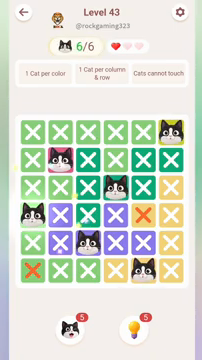 Meowdoku Level 43 step 6 screenshot showing the cat placement at A4 with 6 of 6 cats visible on the board.