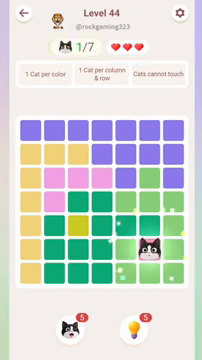 Meowdoku Level 44 step 1 screenshot showing the cat placement at F6 with 1 of 7 cats visible on the board.