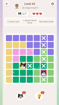 Meowdoku Level 44 step 2 screenshot showing the cat placement at C5 with 2 of 7 cats visible on the board.