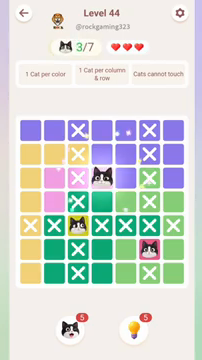 Meowdoku Level 44 step 3 screenshot showing the cat placement at D3 with 3 of 7 cats visible on the board.