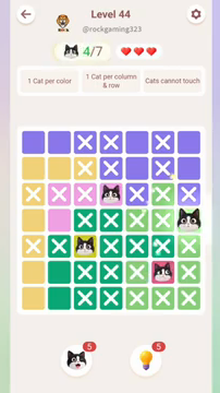 Meowdoku Level 44 step 4 screenshot showing the cat placement at G4 with 4 of 7 cats visible on the board.