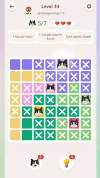 Meowdoku Level 44 step 5 screenshot showing the cat placement at E1 with 5 of 7 cats visible on the board.