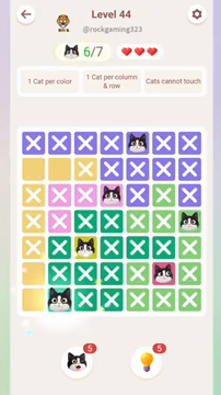 Meowdoku Level 44 step 6 screenshot showing the cat placement at B7 with 6 of 7 cats visible on the board.