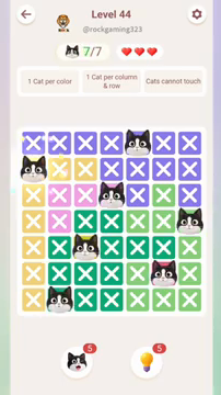 Meowdoku Level 44 step 7 screenshot showing the cat placement at A2 with 7 of 7 cats visible on the board.