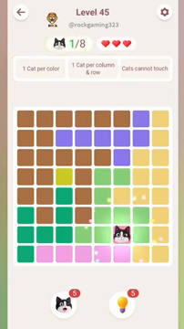 Meowdoku Level 45 step 1 screenshot showing the cat placement at F7 with 1 of 8 cats visible on the board.