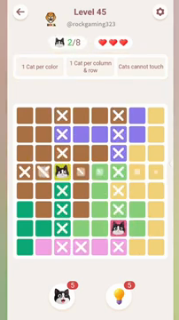 Meowdoku Level 45 step 2 screenshot showing the cat placement at C4 with 2 of 8 cats visible on the board.