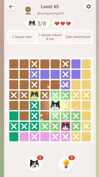 Meowdoku Level 45 step 3 screenshot showing the cat placement at E5 with 3 of 8 cats visible on the board.